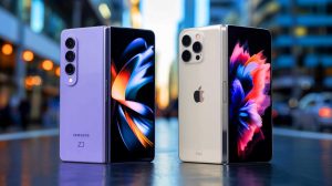 Illustration de l'iPhone pliable d'Apple face au Samsung Galaxy Z Fold 7, générée par intelligence artificielle.