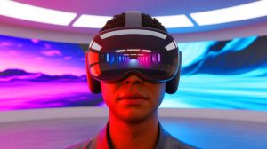 Illustration de la fonctionnalité « Zoom » de l'Apple Vision Pro, une innovation technologique pour une expérience immersive, générée par intelligence artificielle.