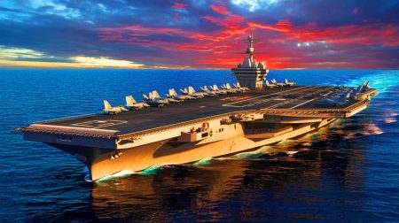 Illustration de l'USS Gerald R. Ford, le plus grand porte-avions du monde, générée par intelligence artificielle.