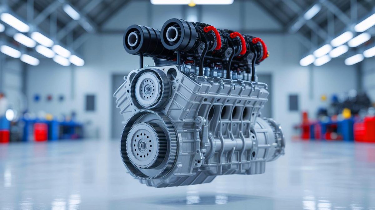 Illustration de l'innovation de Maurice Saint-Germain avec un moteur sans vilebrequin, générée par intelligence artificielle.