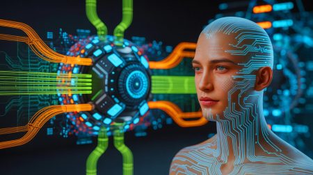 Illustration de l'intelligence artificielle générale et des débats autour de ses implications, générée par intelligence artificielle.