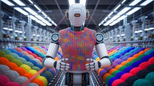 Illustration de la reproduction d'un pull par un robot à partir d'une image, générée par intelligence artificielle.