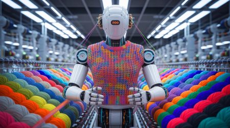 Illustration de la reproduction d'un pull par un robot à partir d'une image, générée par intelligence artificielle.
