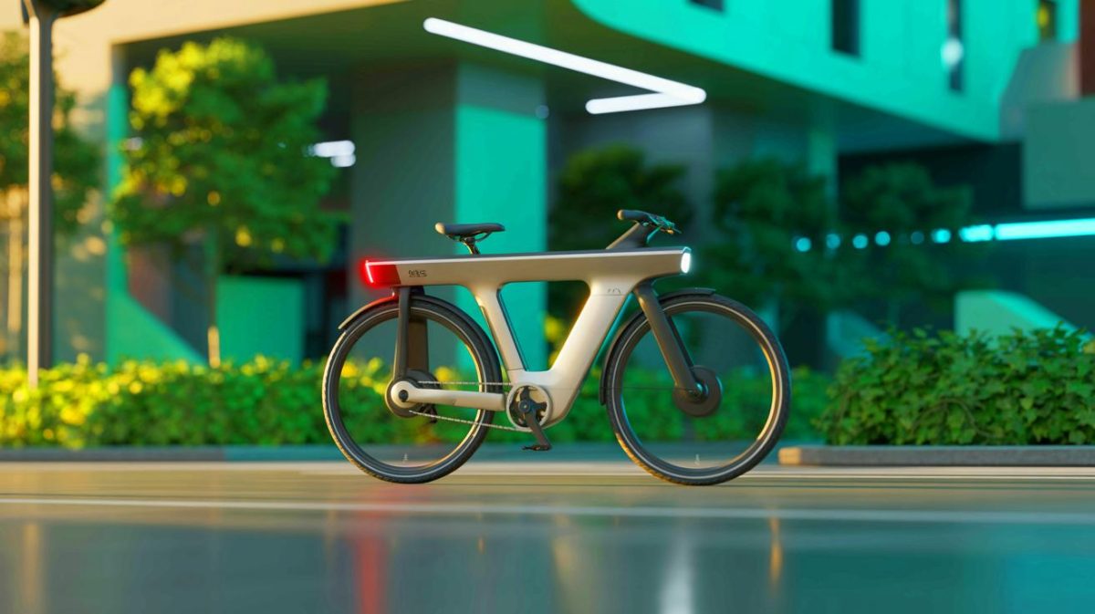 Illustration de l'innovation technologique du vélo électrique Pi-POP avec autonomie illimitée, générée par intelligence artificielle.
