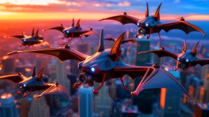 Illustration de drones inspirés par les chauves-souris équipés de capteurs ultrasonores survolant une ville, générée par intelligence artificielle.