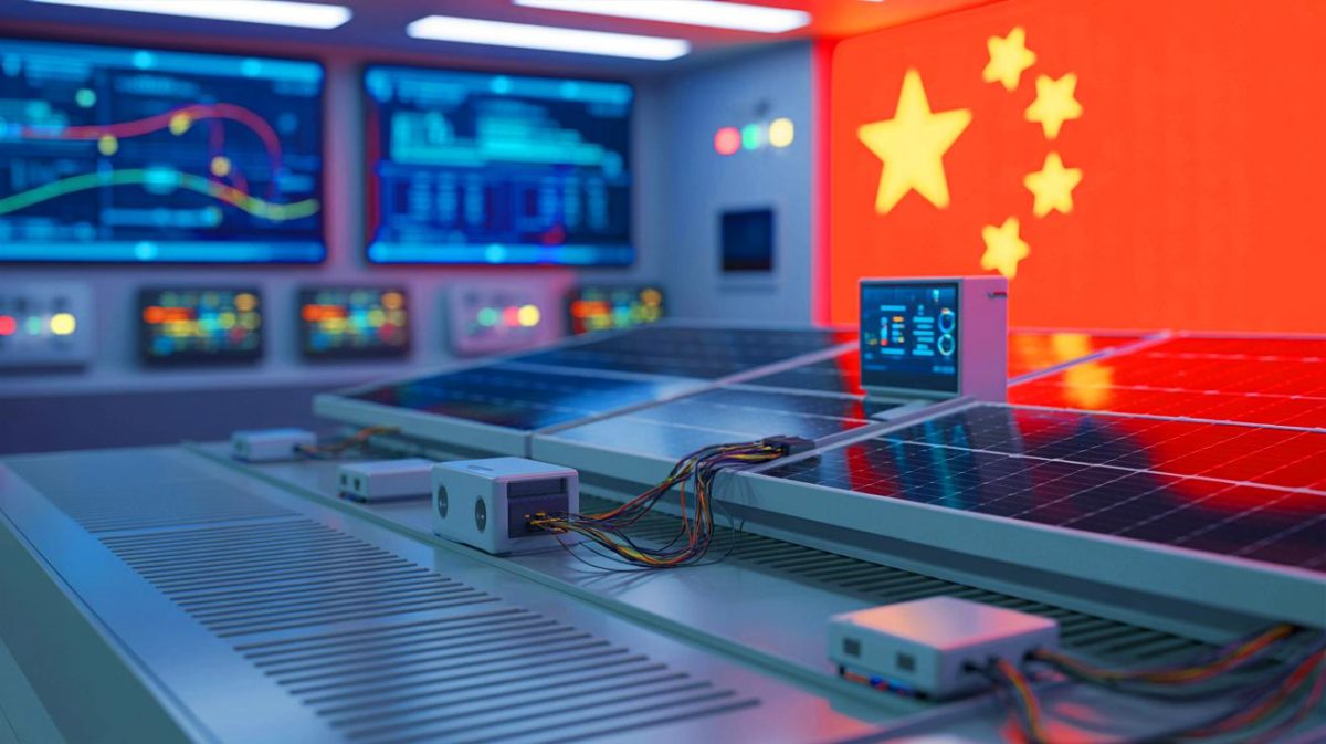Illustration de dispositifs clandestins dans des onduleurs solaires fabriqués par la Chine, générée par intelligence artificielle.
