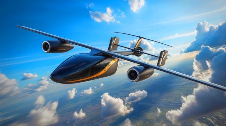 Illustration de l'Airbus Racer, un appareil hybride combinant les caractéristiques d'un avion et d'un hélicoptère, générée par intelligence artificielle.