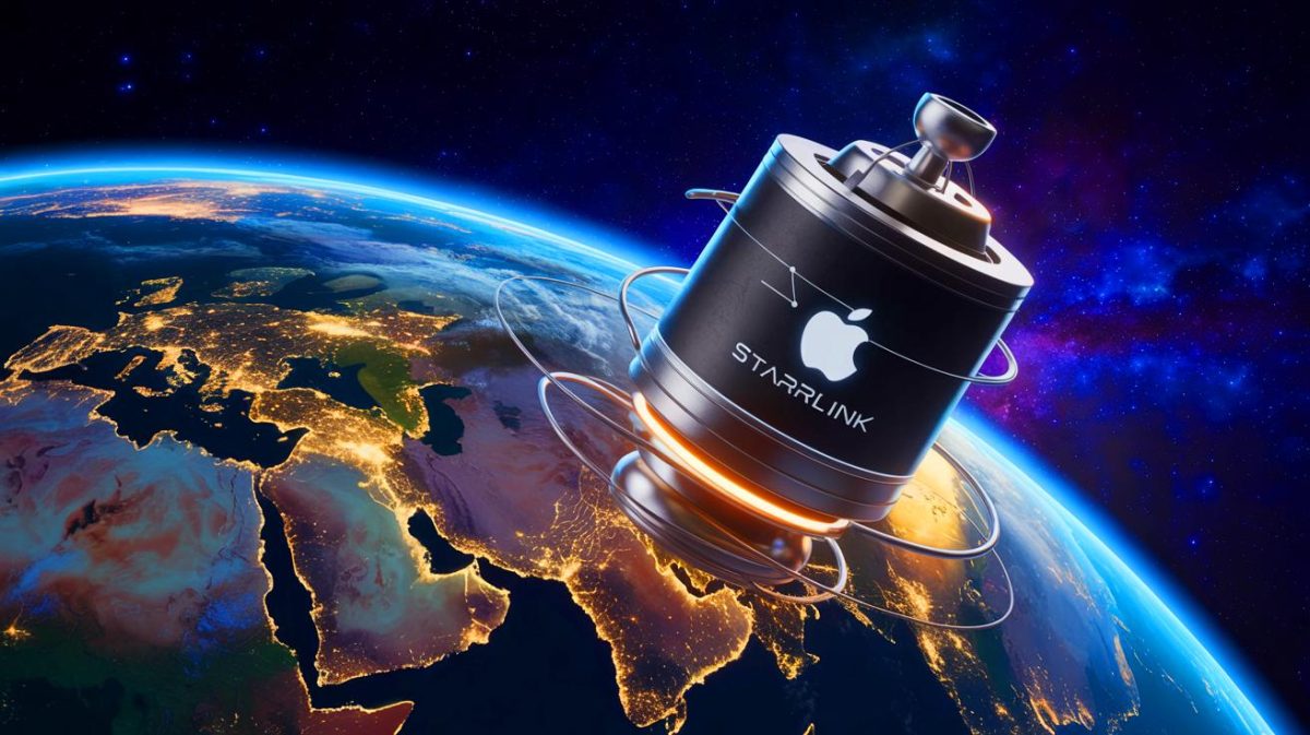 Illustration de la compétition technologique entre Elon Musk et Apple dans le domaine des communications satellitaires, générée par intelligence artificielle.