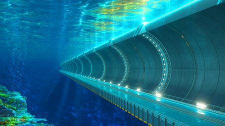 Illustration de la vision audacieuse d'un tunnel transatlantique reliant l'Europe à l'Amérique, générée par intelligence artificielle.