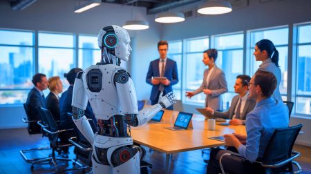Illustration d'un robot fonctionnaire en situation de travail dans une administration publique, générée par intelligence artificielle.