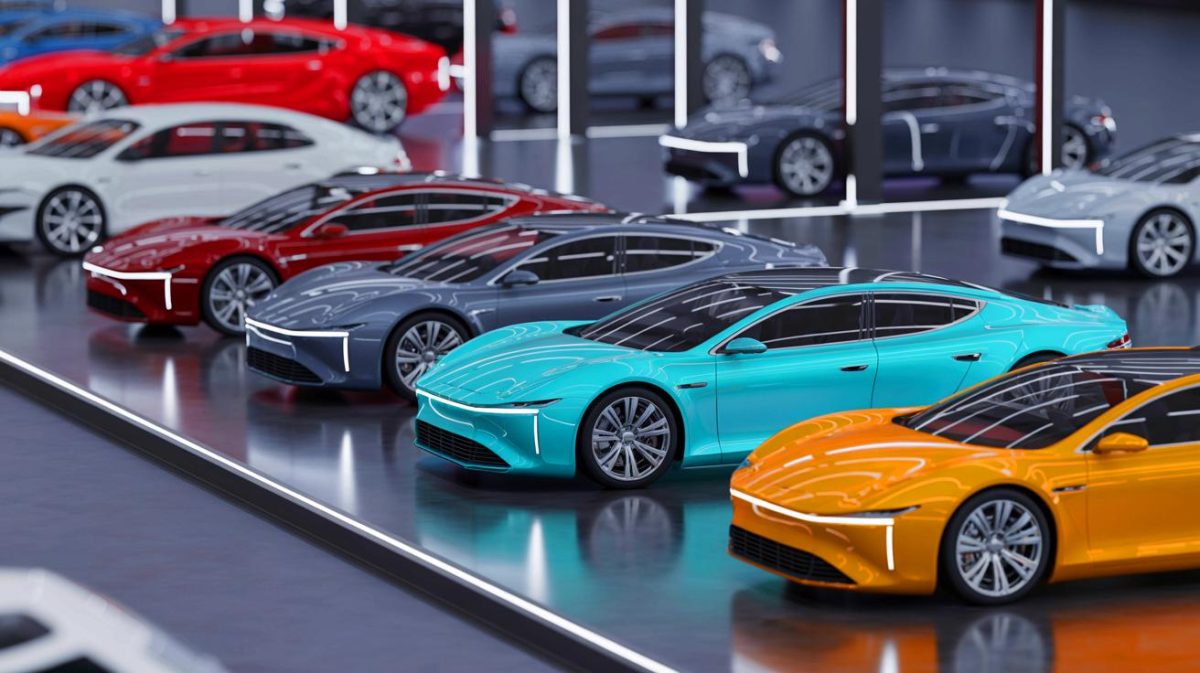 Illustration de la coexistence entre voitures thermiques et électriques dans le marché automobile, générée par intelligence artificielle.
