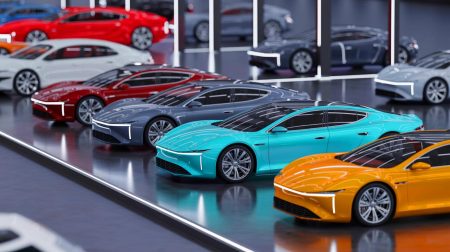 Illustration de la coexistence entre voitures thermiques et électriques dans le marché automobile, générée par intelligence artificielle.
