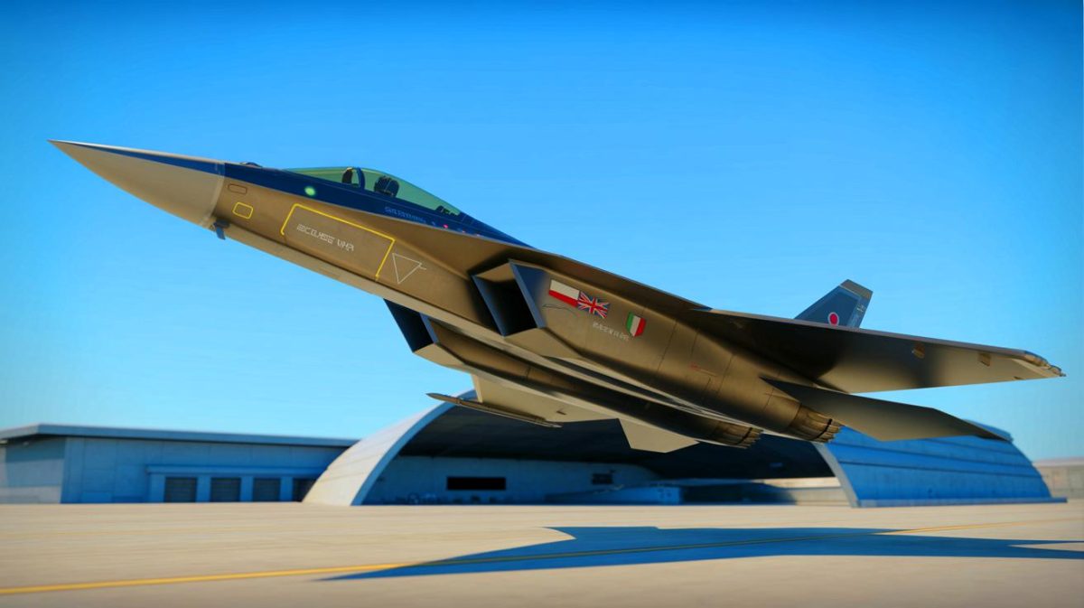 Illustration de l'avion de chasse futuriste Reppu, issue d'une collaboration entre le Japon, le Royaume-Uni et l'Italie, générée par intelligence artificielle.