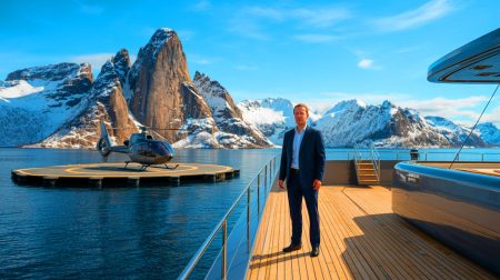 Illustration de Mark Zuckerberg profitant d'une escapade en heliski en Norvège, créée par intelligence artificielle.
