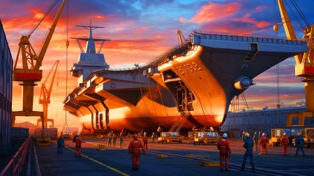 Illustration de porte-avions nucléaires américains et des défis liés à leur démantèlement, générée par intelligence artificielle.