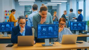 Illustration de l'utilisation discrète de l'IA générative par les salariés pour améliorer leur productivité, créée par intelligence artificielle.