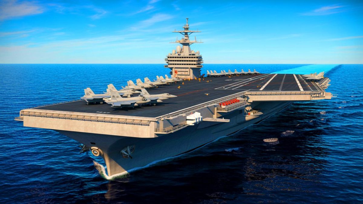 Illustration de l'USS Gerald R. Ford, le plus grand porte-avions du monde, créée par intelligence artificielle.