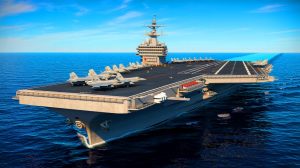 Illustration de l'USS Gerald R. Ford, le plus grand porte-avions du monde, créée par intelligence artificielle.