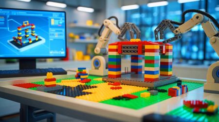 Illustration de la transformation de phrases en constructions LEGO stables par LegoGPT, générée par intelligence artificielle.