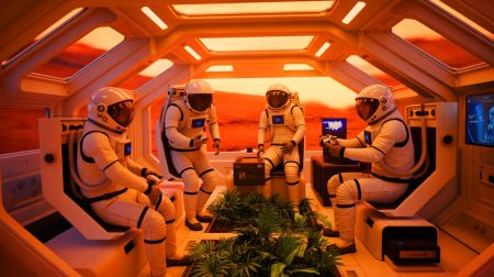 Illustration de volontaires vivant en isolement dans une réplique de base martienne, générée par intelligence artificielle.