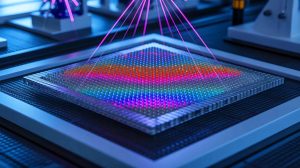Illustration de la métasurface développée par des chercheurs de Harvard pour l'optique quantique, générée par intelligence artificielle.
