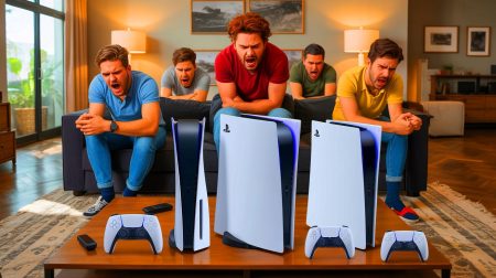 Illustration de la frustration des joueurs face aux stratégies commerciales de Sony concernant les éditions limitées de PS5, générée par intelligence artificielle.