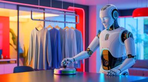 Illustration d'un robot domestique intelligent accomplissant des tâches ménagères, générée par intelligence artificielle.