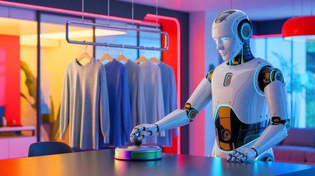 Illustration d'un robot domestique intelligent accomplissant des tâches ménagères, générée par intelligence artificielle.