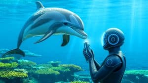 Illustration de la communication interespèces entre humains et dauphins, créée par intelligence artificielle.