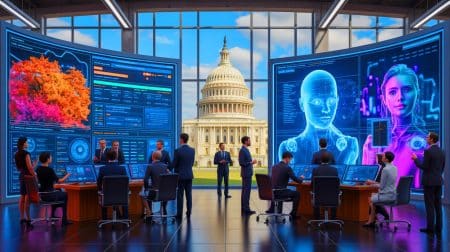 Illustration de l'ambitieux plan d'action pour l'intelligence artificielle de Donald Trump, générée par intelligence artificielle.