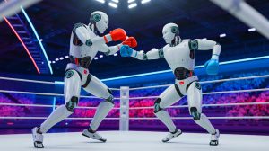 Illustration de robots humanoïdes participant à un combat de boxe lors du WAIC 2025 à Shanghai.