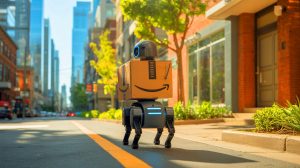 Illustration de robots humanoïdes d'Amazon pour la livraison du dernier kilomètre, générée par intelligence artificielle.