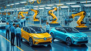 Illustration de la stratégie de diversification audacieuse de Renault face à la baisse des ventes de véhicules électriques, générée par intelligence artificielle.