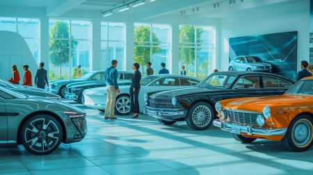 Illustration de la coexistence entre voitures thermiques et électriques dans le marché automobile, générée par intelligence artificielle.