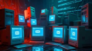 Illustration de la menace des comptes de messagerie oubliés utilisés par des cybercriminels, générée par intelligence artificielle.