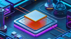Illustration de qubits supraconducteurs sur une puce, générée par intelligence artificielle.