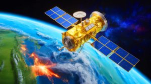 Illustration de la technologie Dynamic Targeting utilisée par un satellite pour l'observation autonome de la Terre, générée par intelligence artificielle.