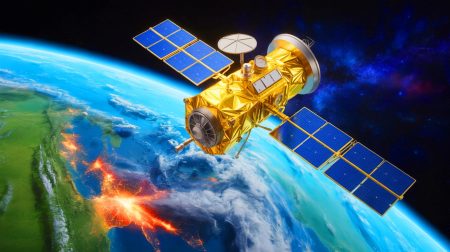 Illustration de la technologie Dynamic Targeting utilisée par un satellite pour l'observation autonome de la Terre, générée par intelligence artificielle.