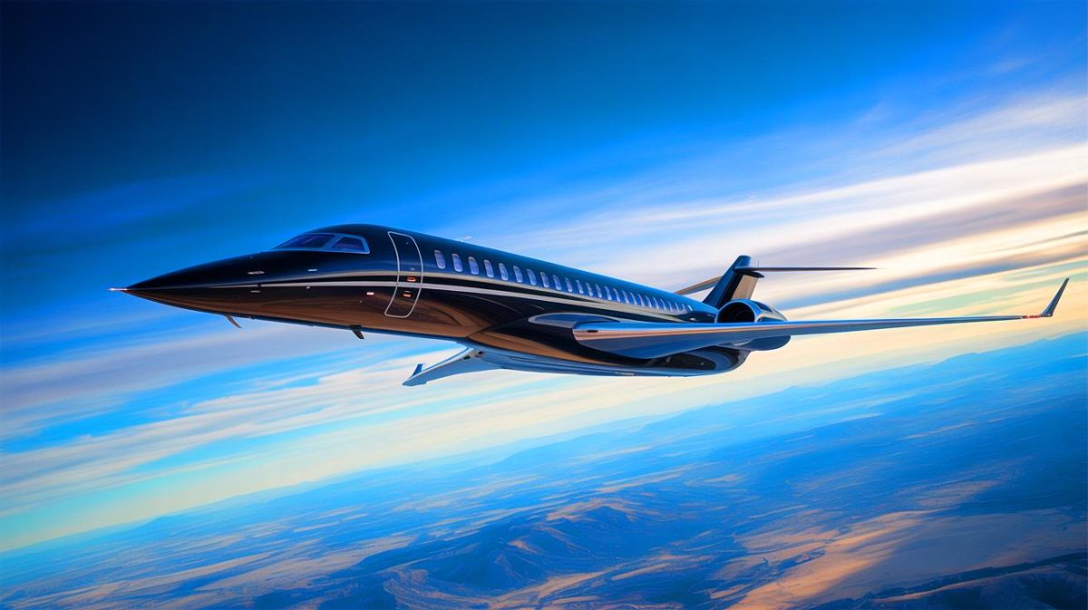 Illustration de l'avion supersonique Bombardier Global 8000 redéfinissant les normes de vitesse et de confort aérien.
