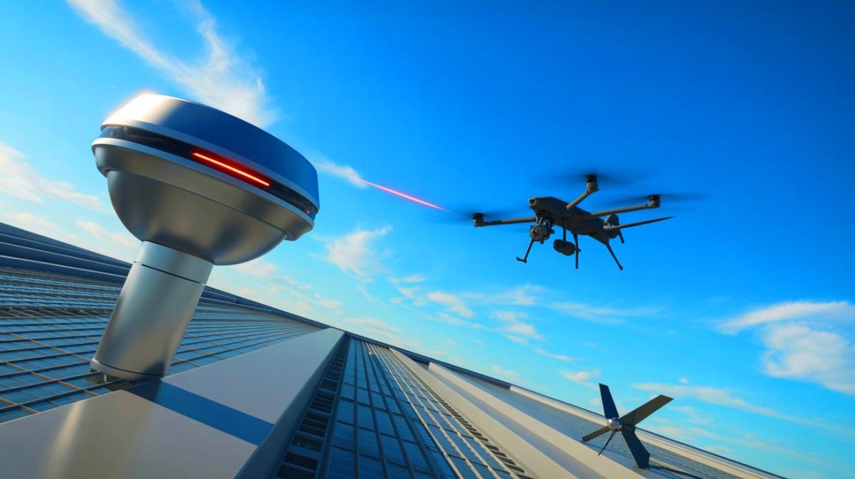 Illustration de la défense anti-drones avec le système Sky Sphere et le missile CICADA eMissile.