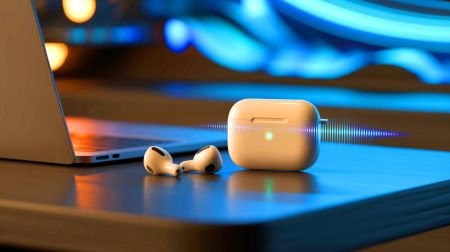 Illustration de l'émission de sons discrets par le boîtier des AirPods Pro pour la maintenance automatique.