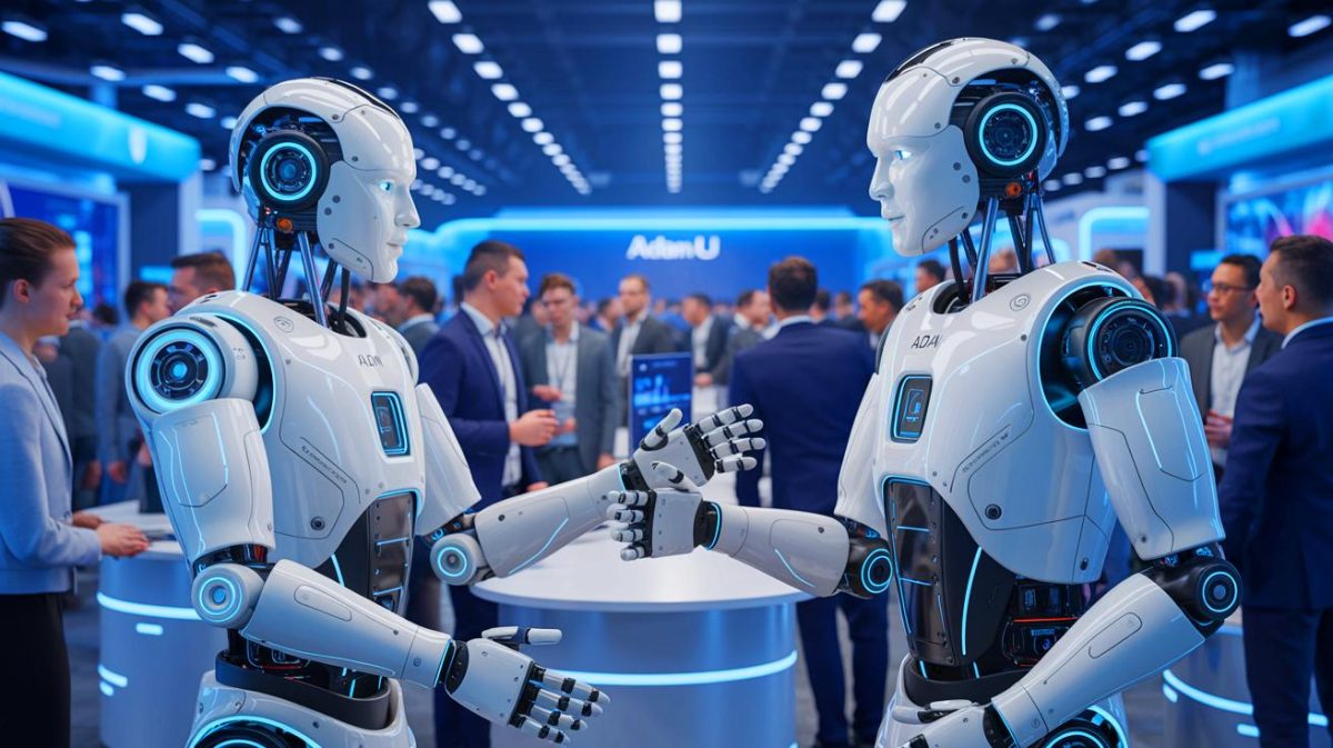 Illustration de la présentation des robots humanoïdes Adam et Adam-U de PNDbotics à la Conférence mondiale sur l'intelligence artificielle.