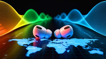 Illustration de l'intégration de la traduction instantanée dans les AirPods et applications d'Apple.