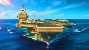 Illustration de l'USS Gerald R. Ford, symbole de la puissance navale et technologique des États-Unis.
