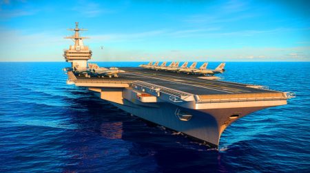 Illustration de l'USS Gerald R. Ford, symbole de la puissance militaire et technologique des États-Unis.