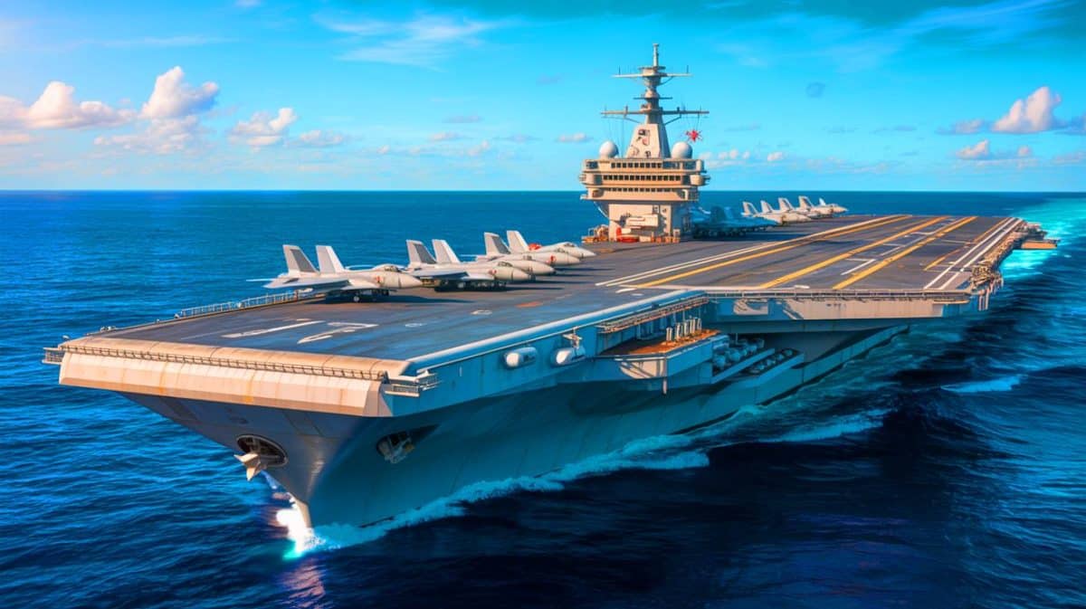 Ces porte-avions américains de 90 aéronefs incarnent une suprématie contestée, fragilisée par des rivaux équipés d’armes futuristes redoutables Illustration de l'USS Gerald R. Ford, symbole de puissance militaire et d'innovation technologique.