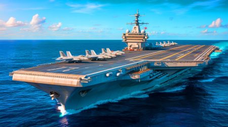 Illustration de l'USS Gerald R. Ford, symbole de puissance militaire et d'innovation technologique.