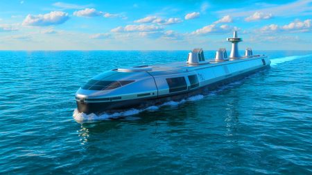 Illustration de navires nucléaires autonomes transformant le transport maritime et soutenant les zones sinistrées.