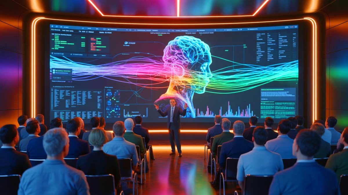 Illustration de Sam Altman s'exprimant lors d'une conférence au sujet du lancement de GPT-5.