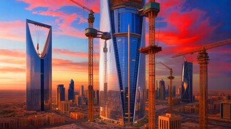 Illustration de la construction de la tour la plus haute du monde en Arabie saoudite.